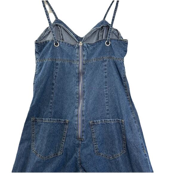 Y2K Denim Wide Leg Jumpsuit Womens M Blue Spaghetti Strap Back Zipper Pockets - Picture 6 of 14